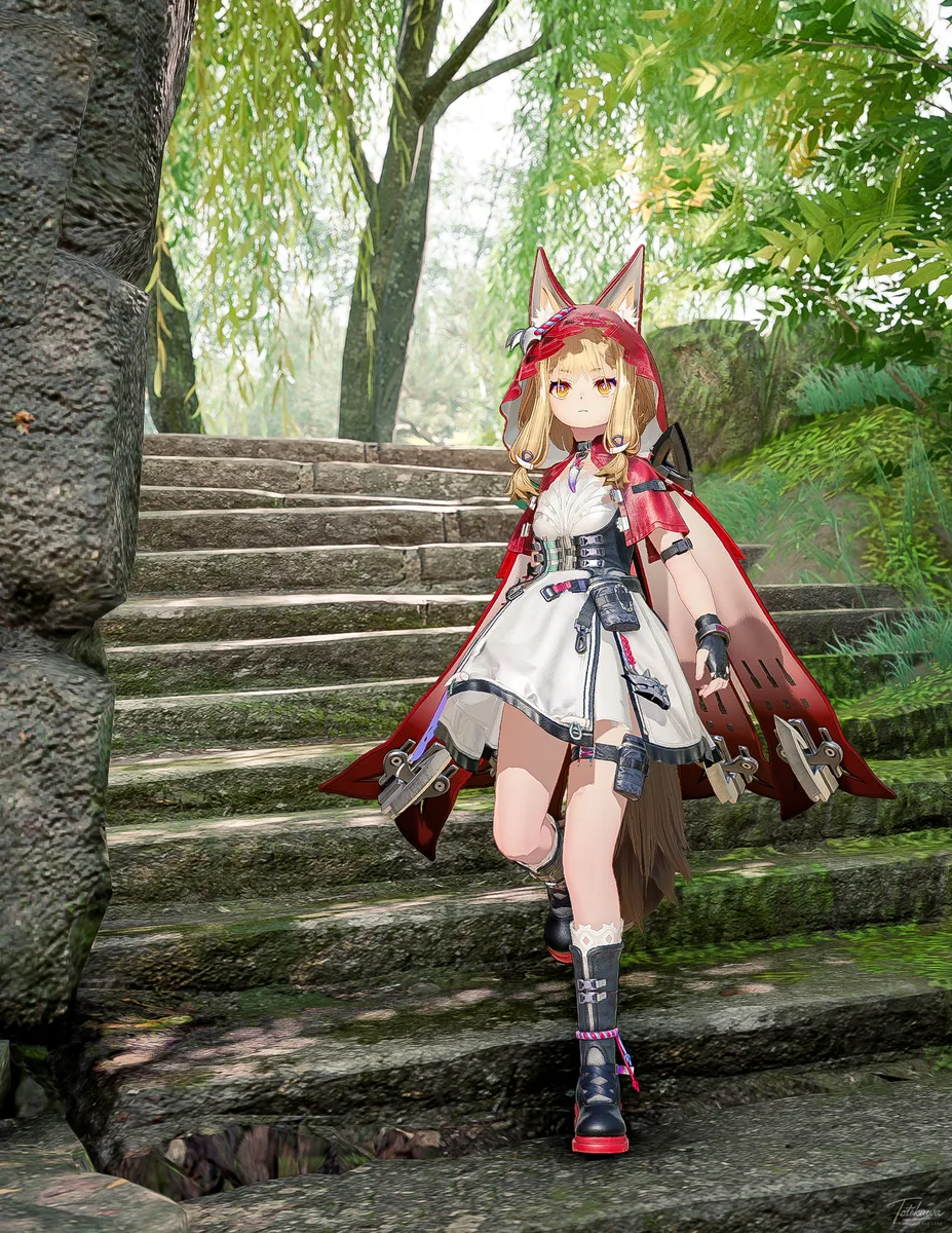 苔むした古階段を歩くロッシちゃん🐺✨ 今日はどんな冒険が待ってるのかな🫶