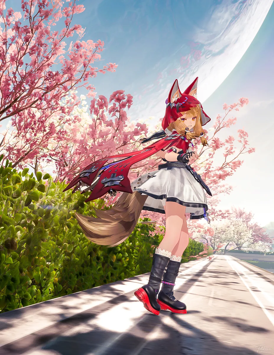 桜の道を軽やかに進むロッシちゃん🐺🌸 春の風と一緒に駆ける姿が可愛いね✨