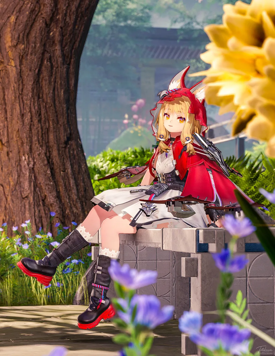 静かな庭園でお花に見入るロッシちゃん🐺✨ こういう穏やかなひと時って大事だね🌸