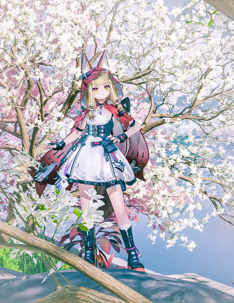 満開の花の中に立つロッシちゃん🐺🌸 春の香りに黄昏る姿がかわいいね✨