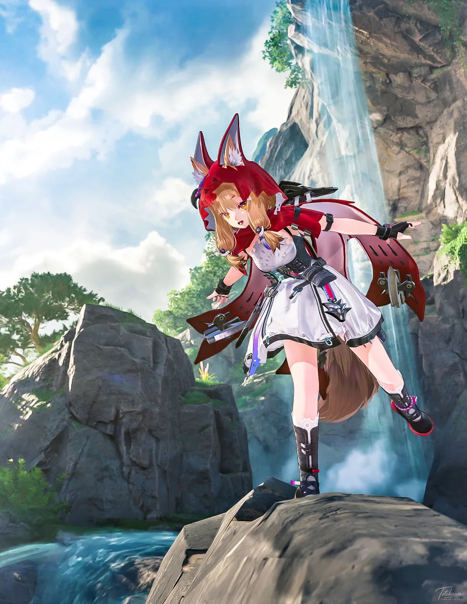 流れ落ちる水の音が心に響くね🐺✨ ロッシちゃんも、この景色の力強さに見入ってるみたい🌿