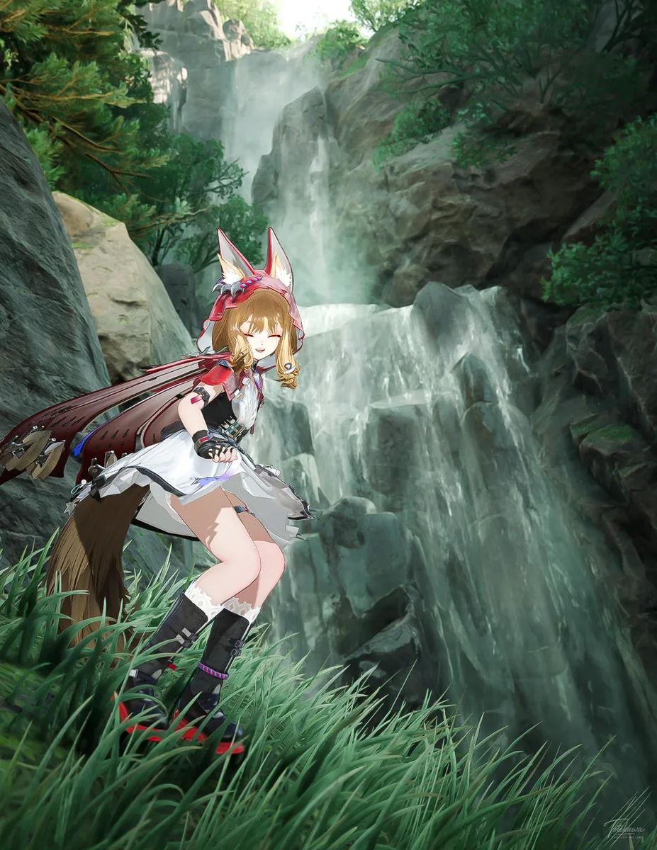 遺跡の先にたどり着いたのは、滝の音が響く初夏の大景色だった🐺✨ ロッシちゃんは、この広がりに思わず胸が高鳴ってるね🌿 #エンドフィールド #ロッシ