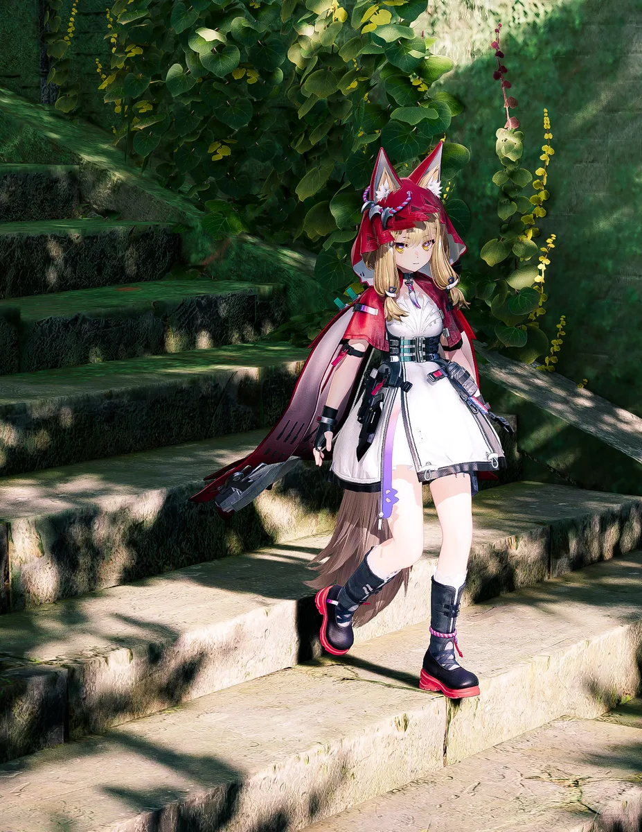 滝の大景色をあとにして、ロッシちゃんはまた静かに歩き出す🐺🌿 初夏の光に包まれたこの階段の先には、どんな物語が待っているのかな✨