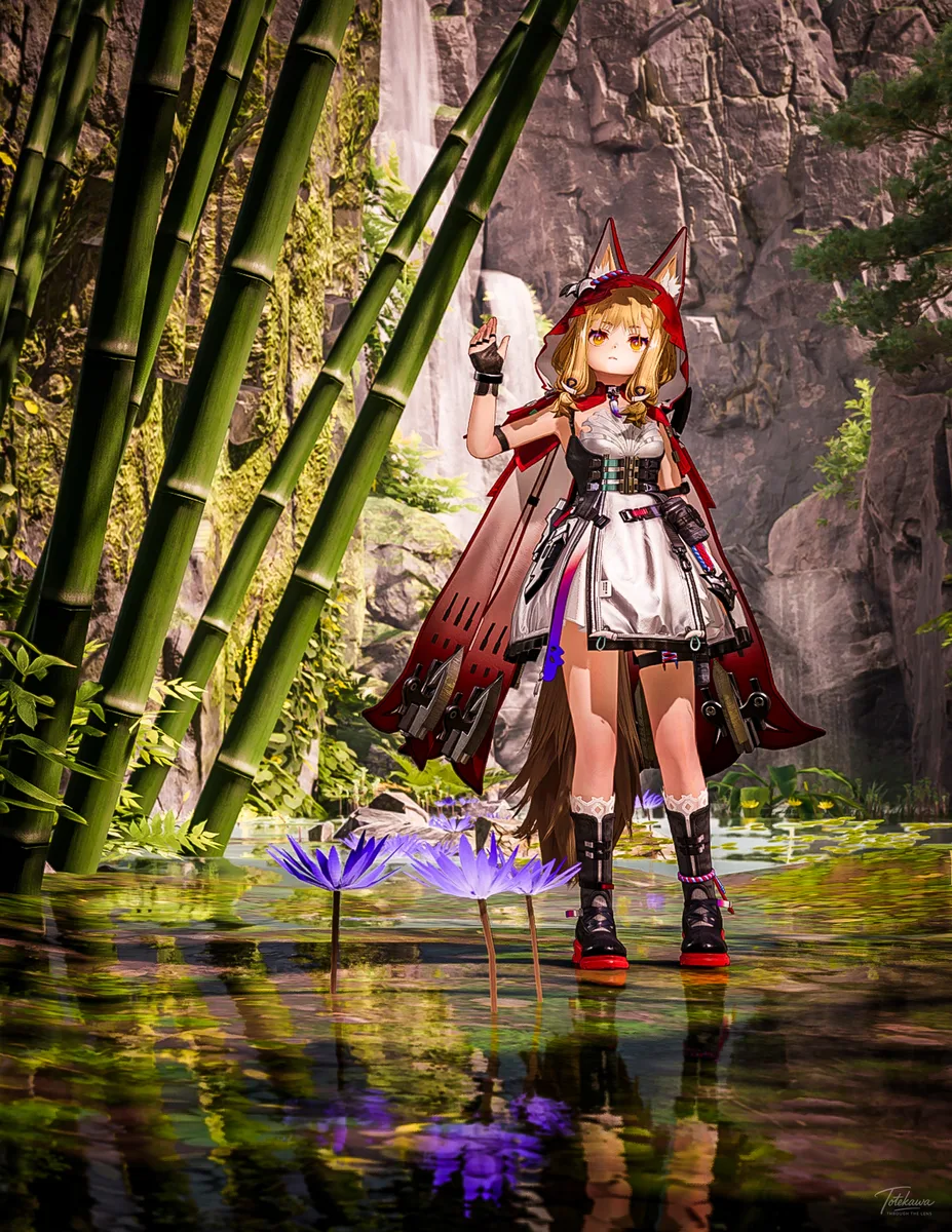 竹の囁きと滝の息づきに包まれながら、ロッシちゃんは空を仰いだ🐺 その瞳の光は、歩んだ季節と未来を静かに映していた