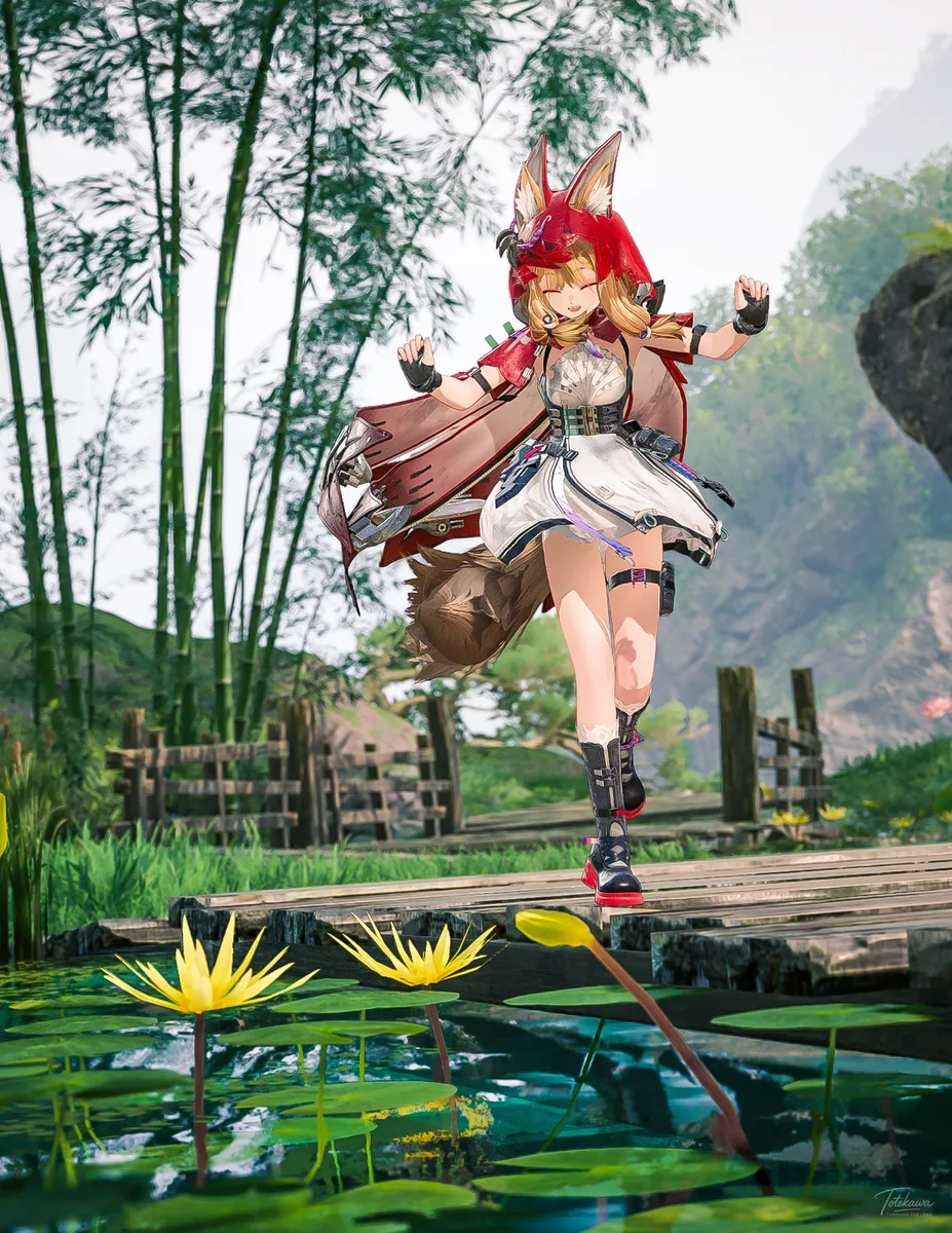 木の橋をぴょんっと進むロッシちゃん🐺✨ 睡蓮のゆれる水面がお出迎えしてくれてうれしくなっちゃうね🫶