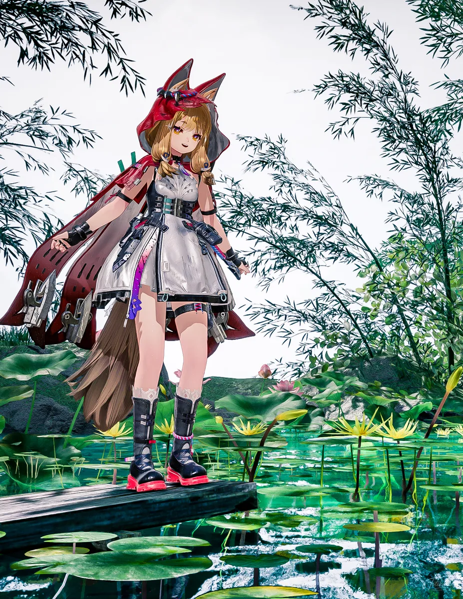 睡蓮の咲く水辺で、ロッシちゃんは立ち止まる🐺✨ 揺れる景色が穏やかで、優しい気持ちになっちゃうね🫶